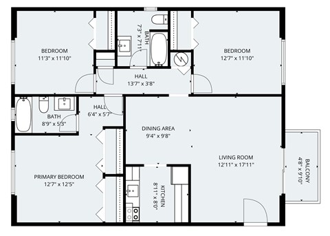 Floor plan for 3 beds, 2 baths, 1250 sqft
